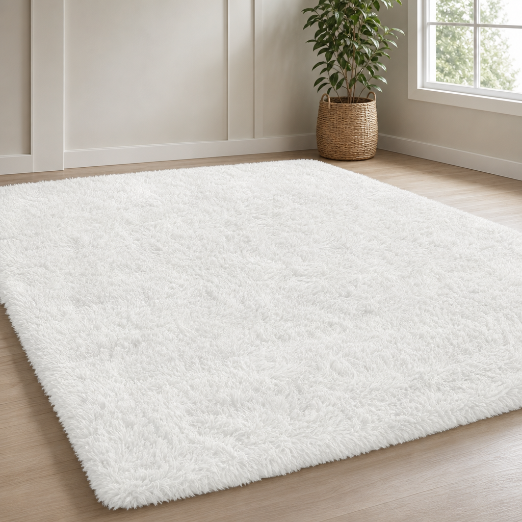 White fluffy shag area rug angled front view on light wood floor by a potted plant