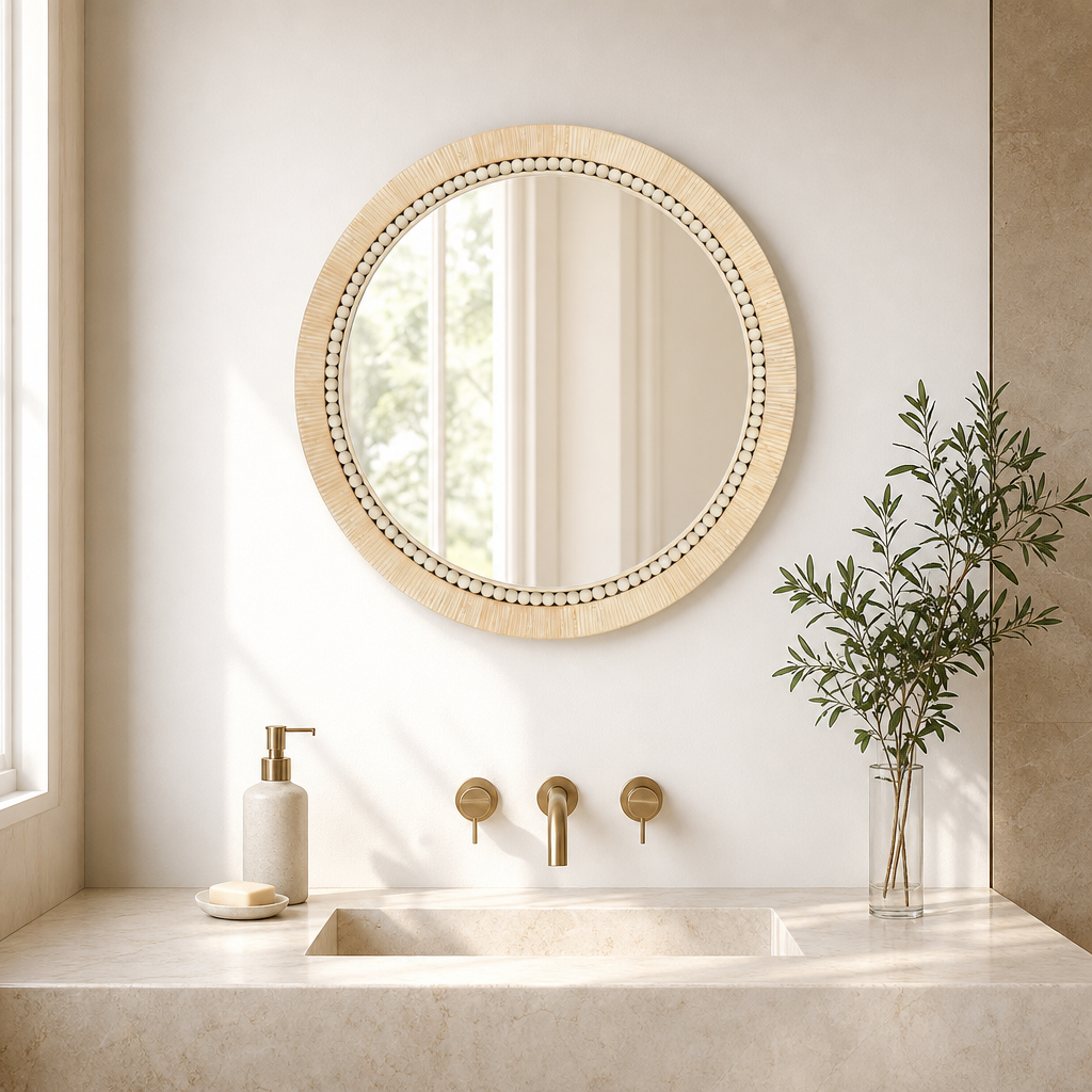 Round rattan wall mirror with wooden bead trim hung above a marble sink in a bright bathroom setting
