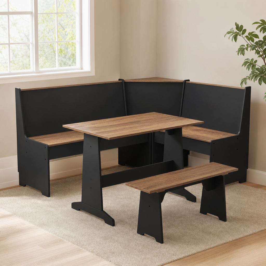 3-Piece Corner Dining Set with Hidden Storage — Black Oak or White Barnwood centered in a warm neutral furnished room