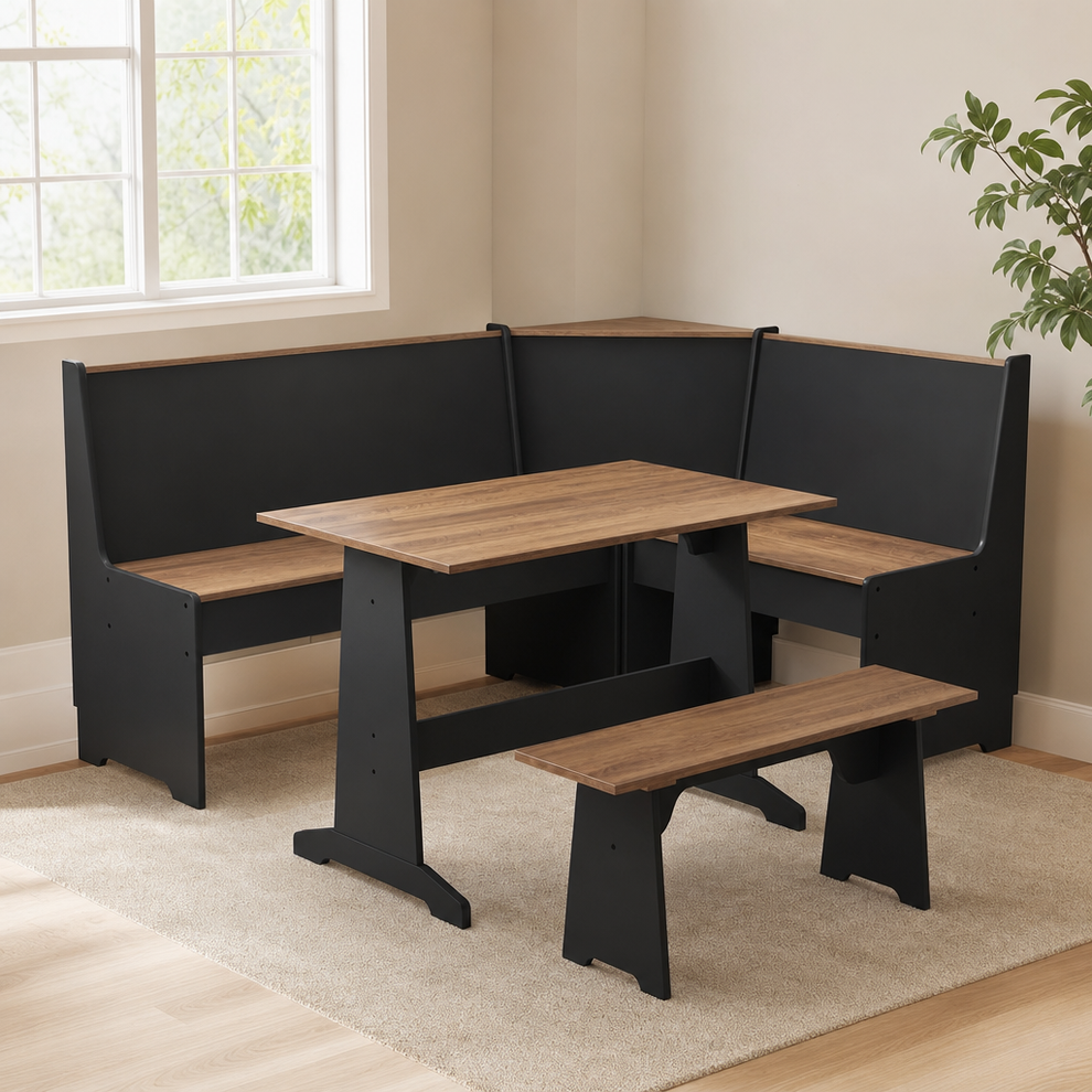 3-Piece Corner Dining Set with Hidden Storage — Black Oak or White Barnwood centered in a warm neutral furnished room