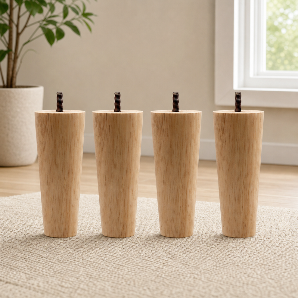 Wood Furniture Legs Set of 4 — Rubberwood Tapered Replacement Legs, Multiple Heigh centered in a warm neutral furnished room