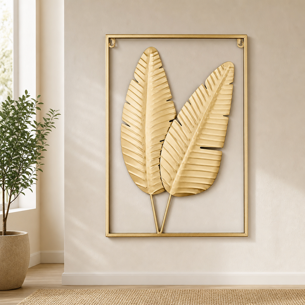 Metal Wall Decor — Gold 3D Leaf Frame Wall Art (Leaf & Elephant) centered in a warm neutral furnished room