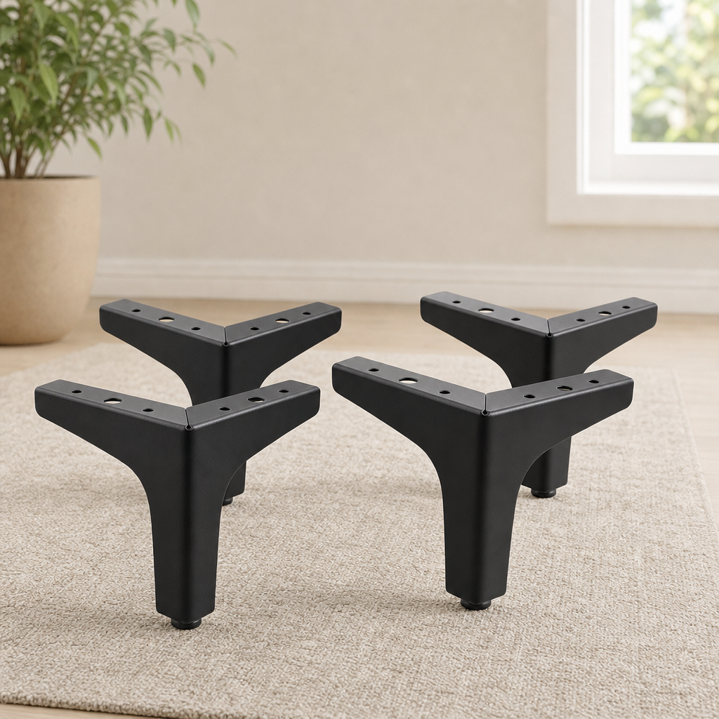 Four black metal Y-shaped furniture legs grouped on a light carpet, angled front view