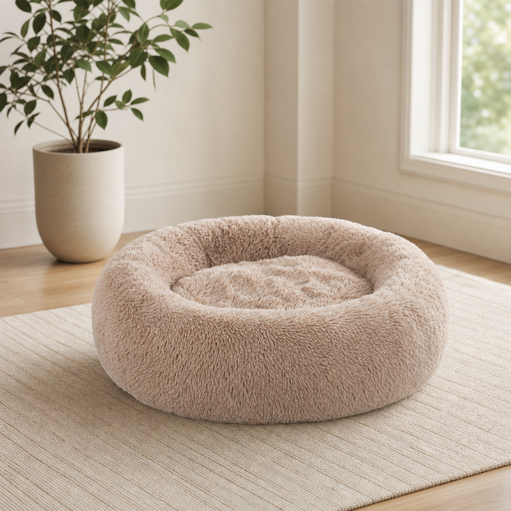 Round Faux Fur Donut Dog Bed with Raised Rim centered in a warm neutral furnished room