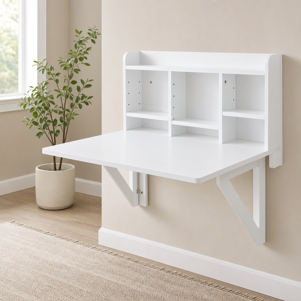 Wall Mounted Folding Table with Multi-Compartment Shelf, MDF White centered in a warm neutral furnished room