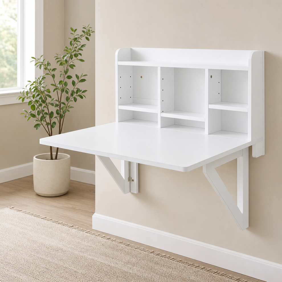 Wall Mounted Folding Table with Multi-Compartment Shelf, MDF White centered in a warm neutral furnished room