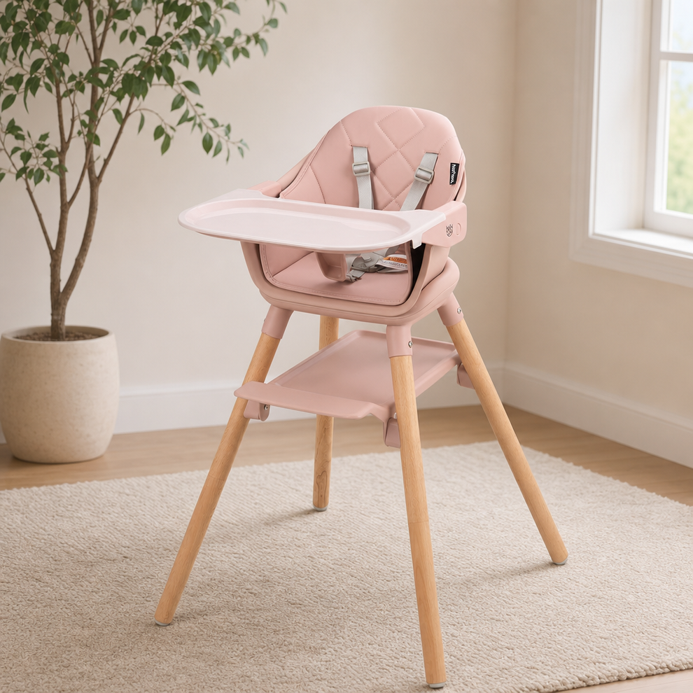 6 in 1 Convertible Chair with Double Tray and Beech Wood Legs centered in a warm neutral furnished room