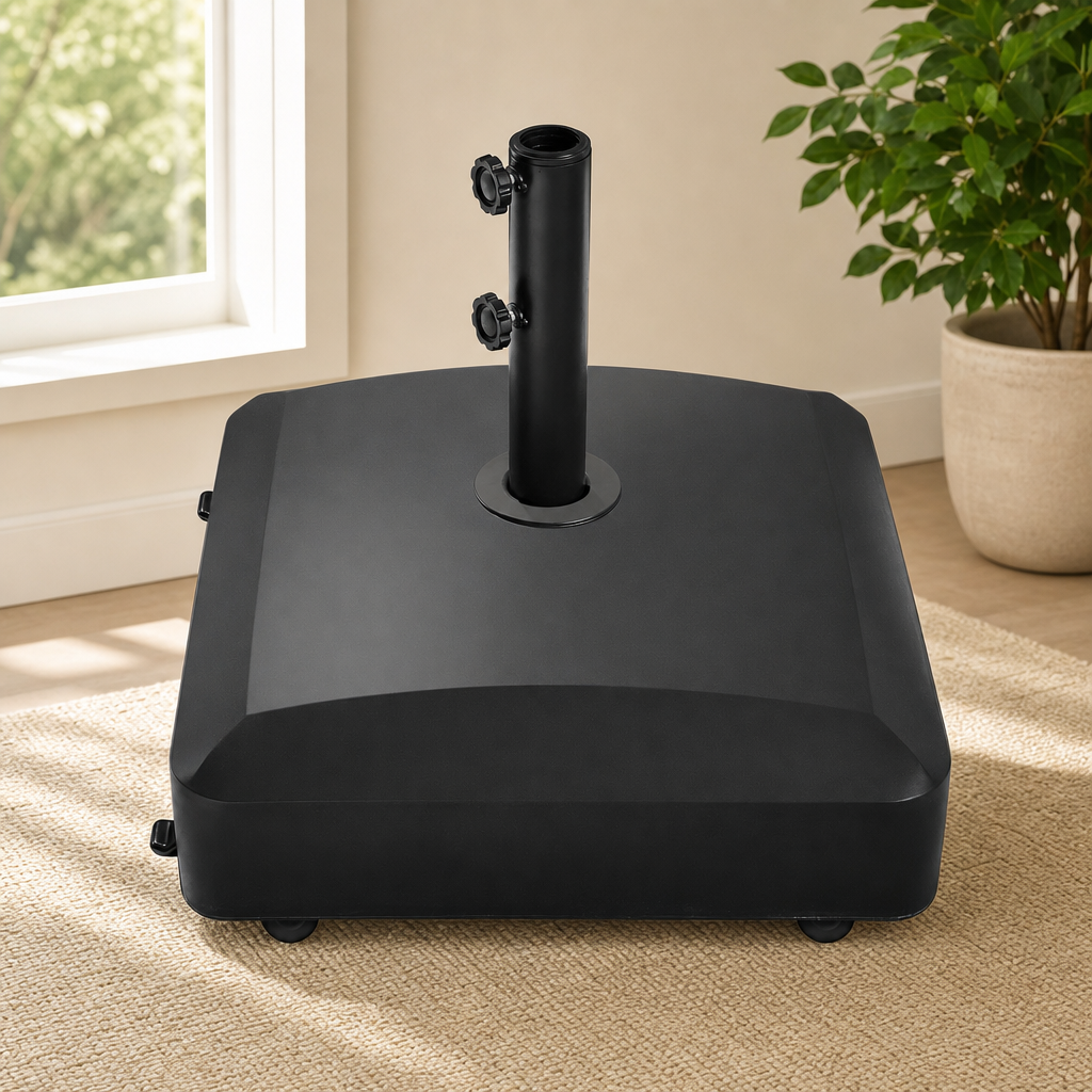 Black square umbrella base with pole, angled top-front view on a rug near a window and plant