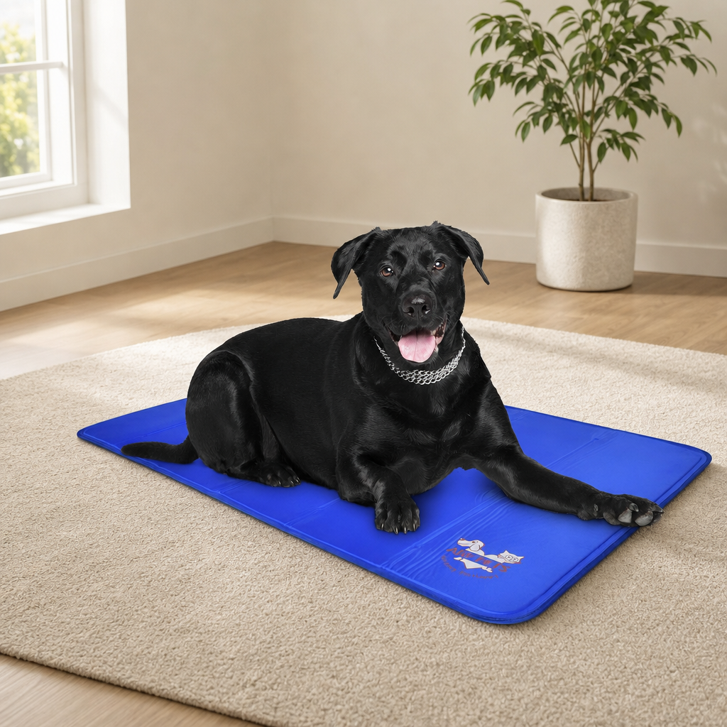 Non-Toxic Solid Gel Self-Cooling Dog Mat centered in a warm neutral furnished room