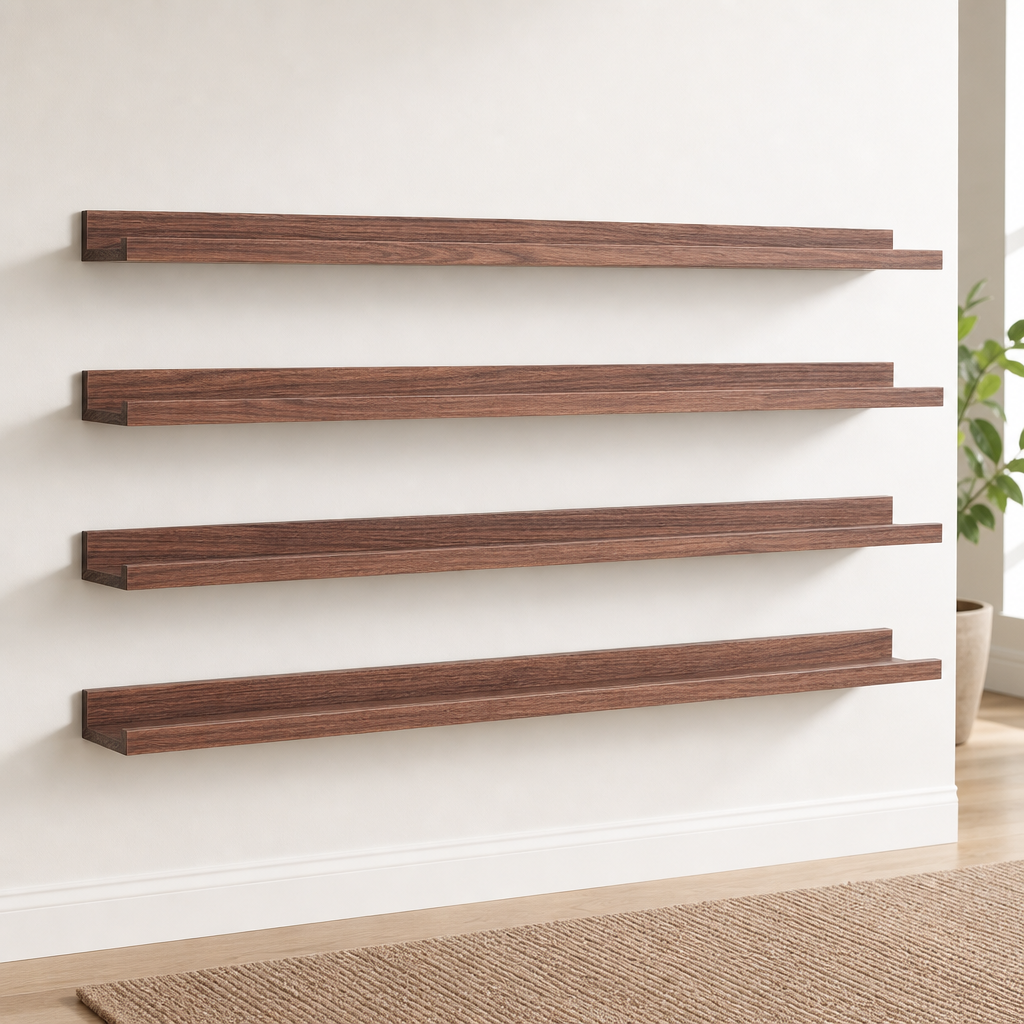 Walnut wood floating picture ledge set of four mounted on a white wall, angled front view