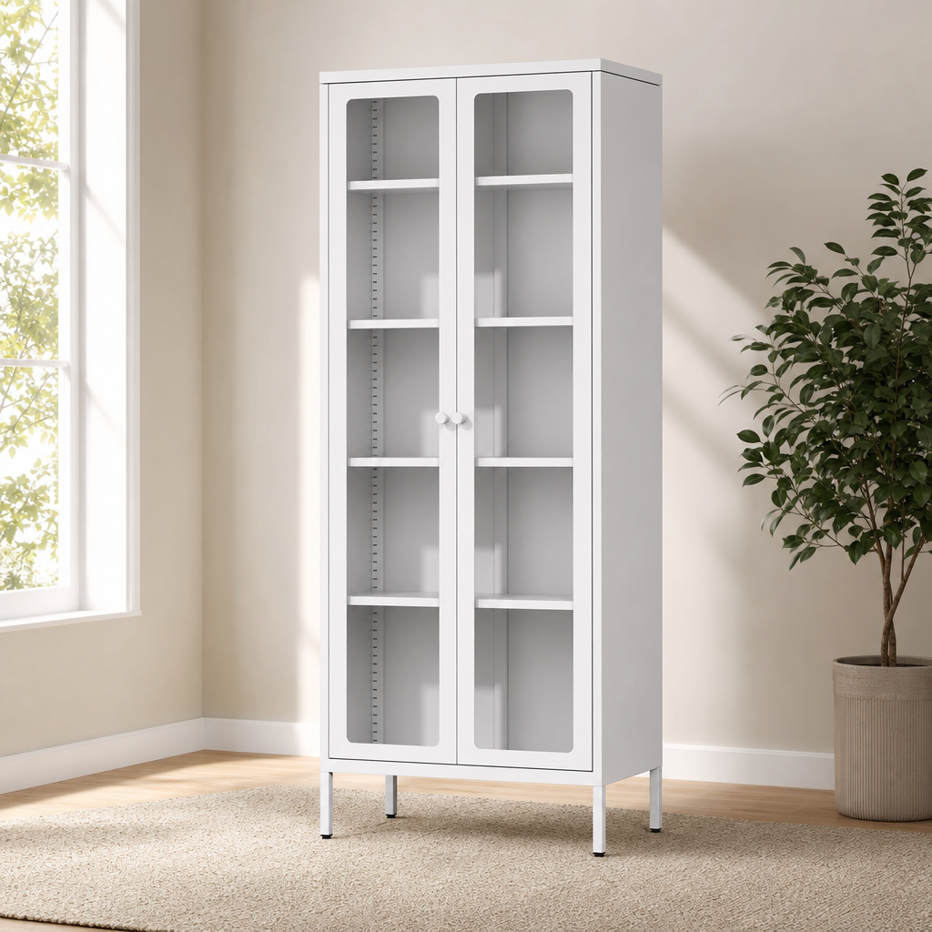 Oakcloud 67" Metal Glass Display Cabinet, Storage Cabinet for Collectibles, Curio, centered in a warm neutral furnished room