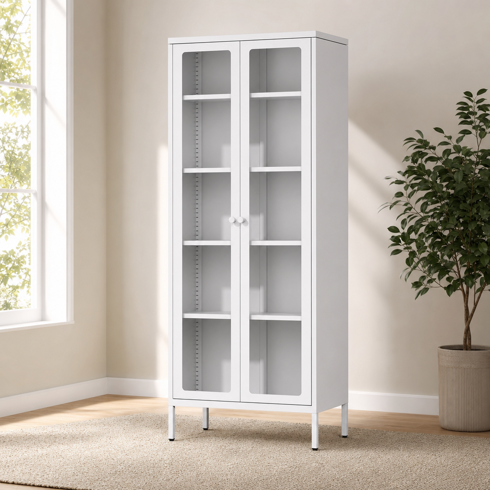 Oakcloud 67" Metal Glass Display Cabinet, Storage Cabinet for Collectibles, Curio, centered in a warm neutral furnished room