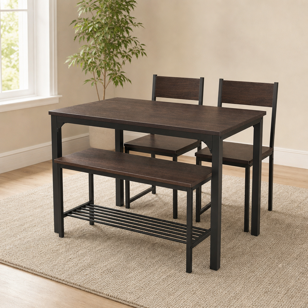Dark brown tabletop dining set with two chairs and a storage bench, angled front view in a bright room