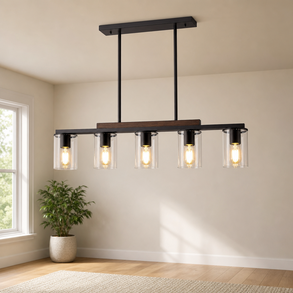 Matte black linear chandelier with clear cylindrical glass shades hanging over a dining table, front view