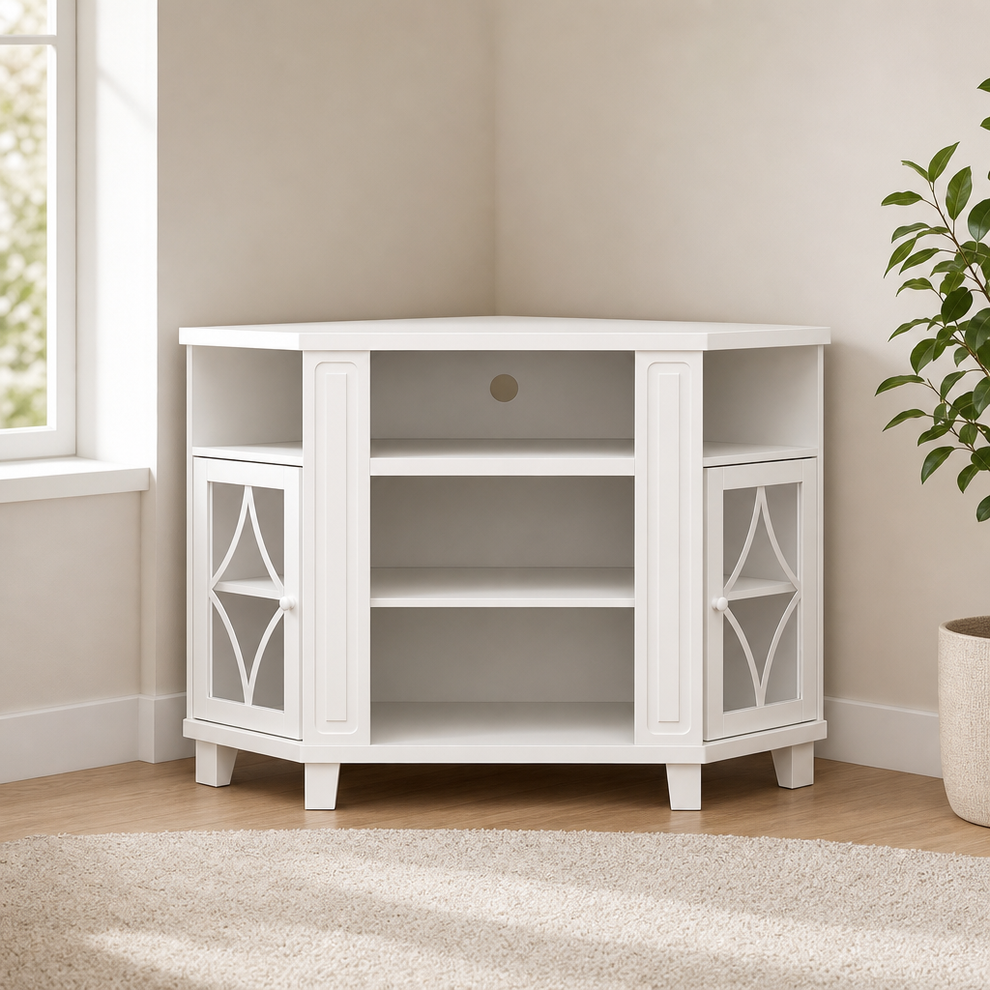 White corner TV stand angled front view showing open shelves and decorative paneled doors in a living room corner