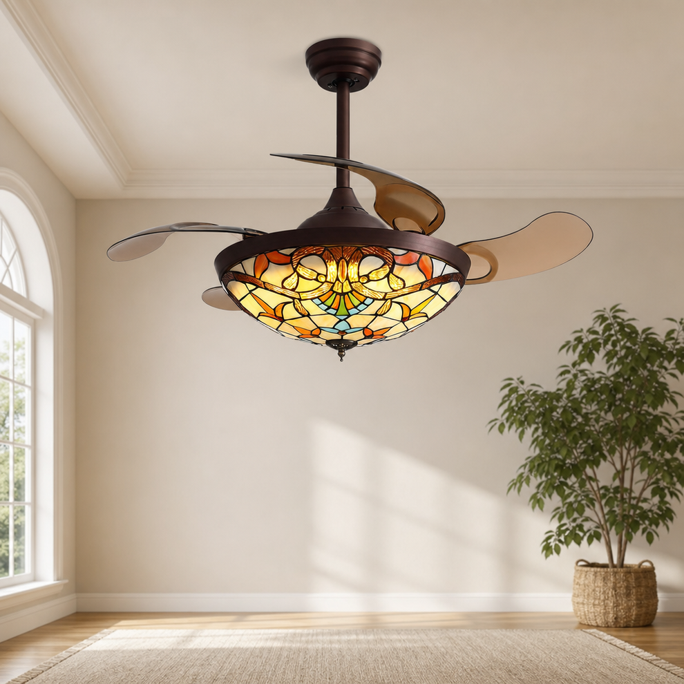 Tiffany-style stained-glass ceiling fan with blades extended, front view in a neutral living room setting