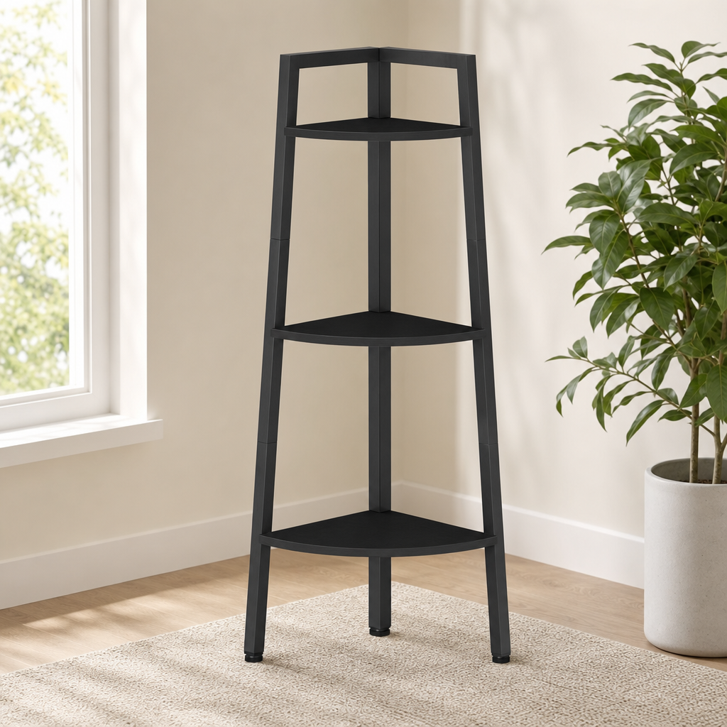 Black corner ladder shelf full front view in a bright room with a potted plant at the right