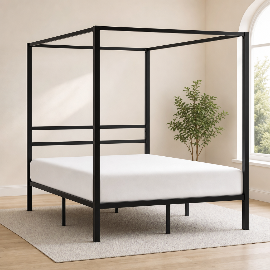 Black metal canopy bed frame angled front view on a light rug in a bright bedroom