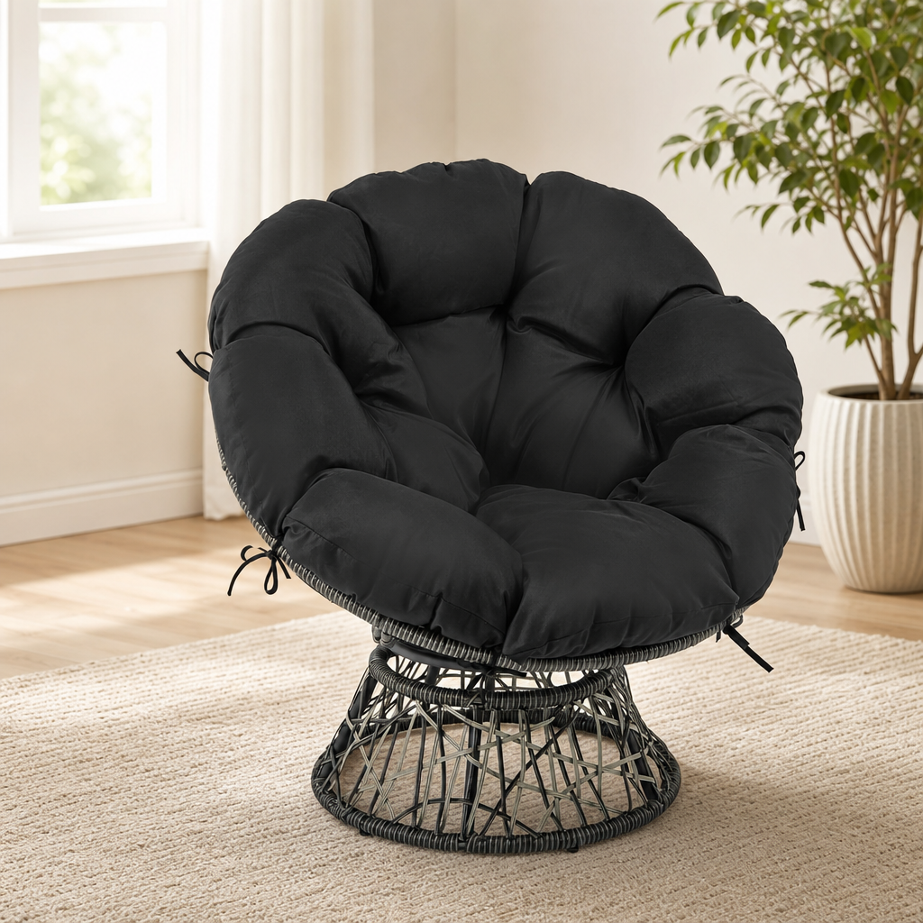 GIANTEX Wicker Papasan Chair with Soft Thick Cushion, Metal Frame, Rattan Base, 36 centered in a warm neutral furnished room