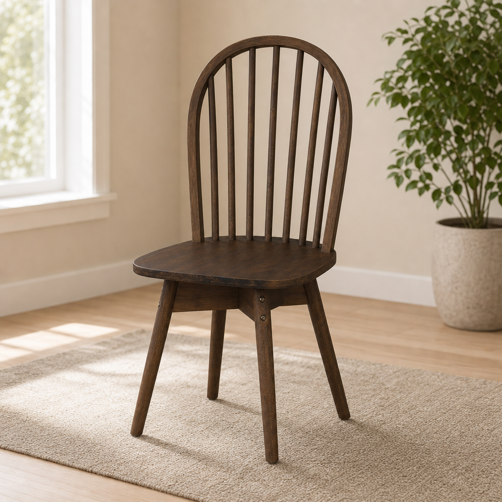 Walnut finish Windsor-style dining chair angled front view on a rug near a bright window
