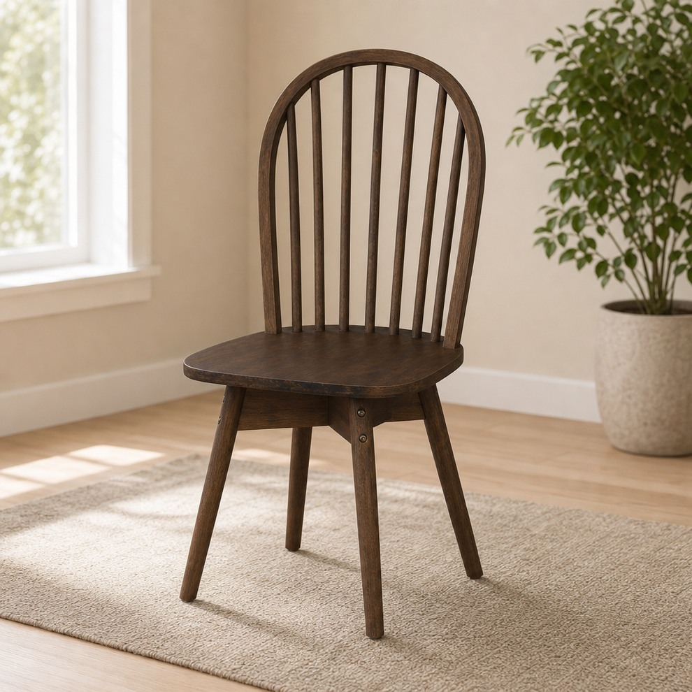 Walnut finish Windsor-style dining chair angled front view on a rug near a bright window