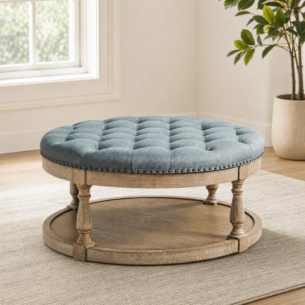 Round tufted blue fabric ottoman coffee table with visible wood shelf and turned wood legs, angled front view