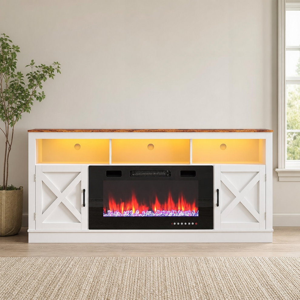 jiteentarou Farmhouse Fireplace TV Stand for 70/75/80 Inch TV, 32”Tall Entertainme centered in a warm neutral furnished room
