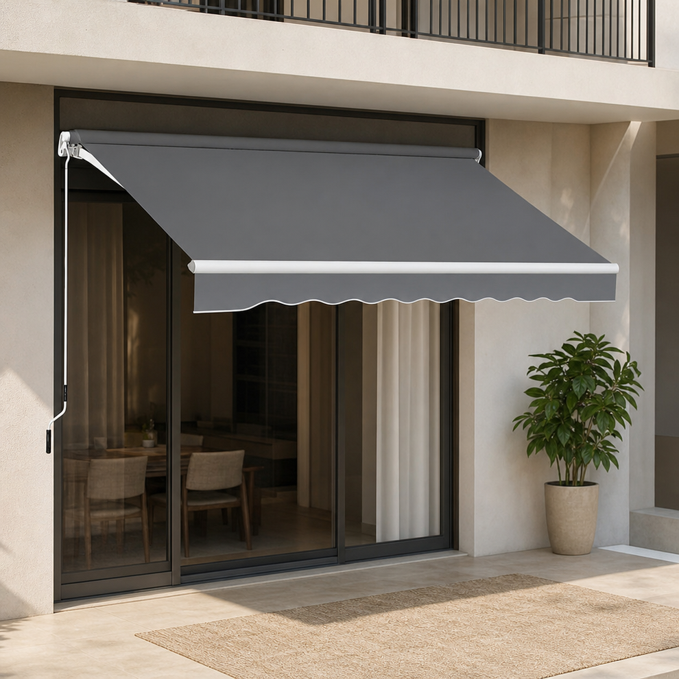 Yardenaler 10x8 FT Manual Retractable Patio Awning, Outdoor Window Sun Shade Shelt centered in a warm neutral furnished room