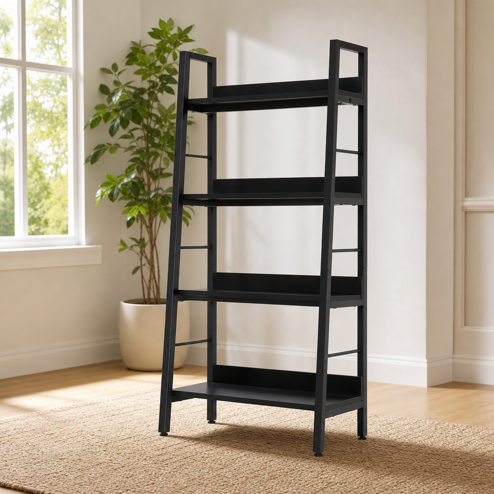 Black five-tier ladder bookshelf full-front view in a bright room with a potted plant nearby
