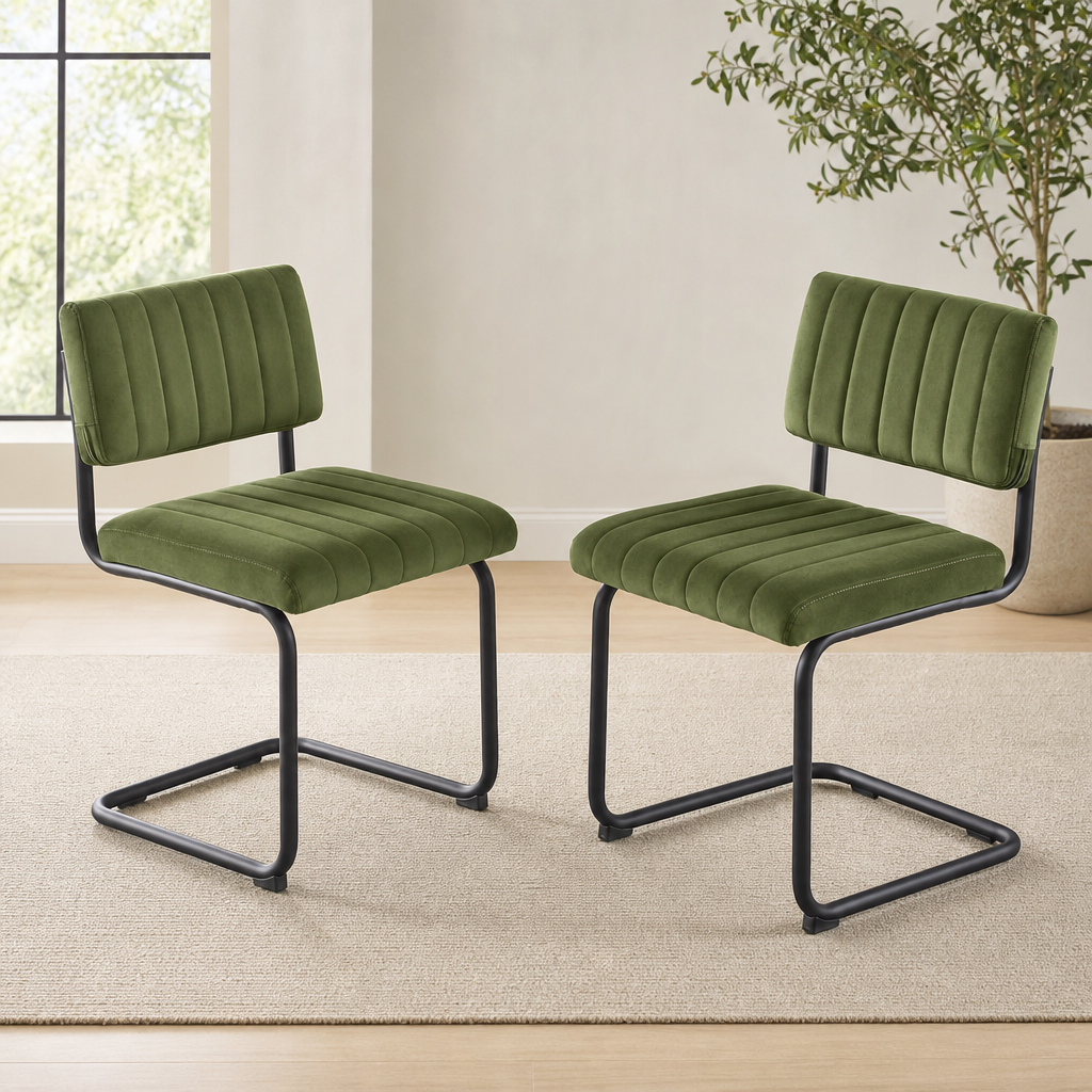 Pair of green velvet armless cantilever dining chairs, angled front view showing tufted seats and black steel frames