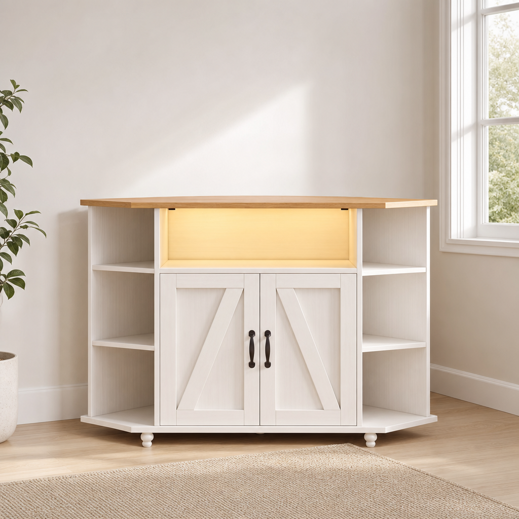 White corner TV stand front view with illuminated center shelf and farmhouse cabinet doors