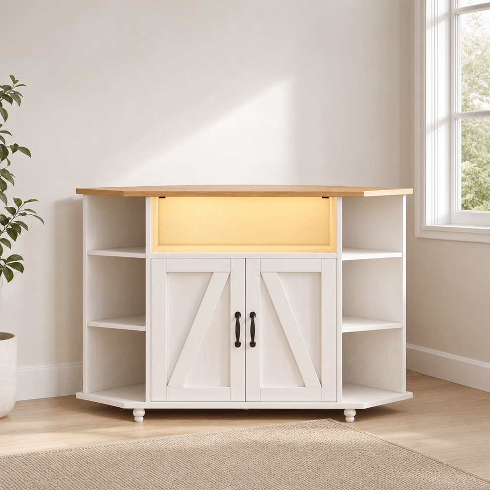 White corner TV stand front view with illuminated center shelf and farmhouse cabinet doors