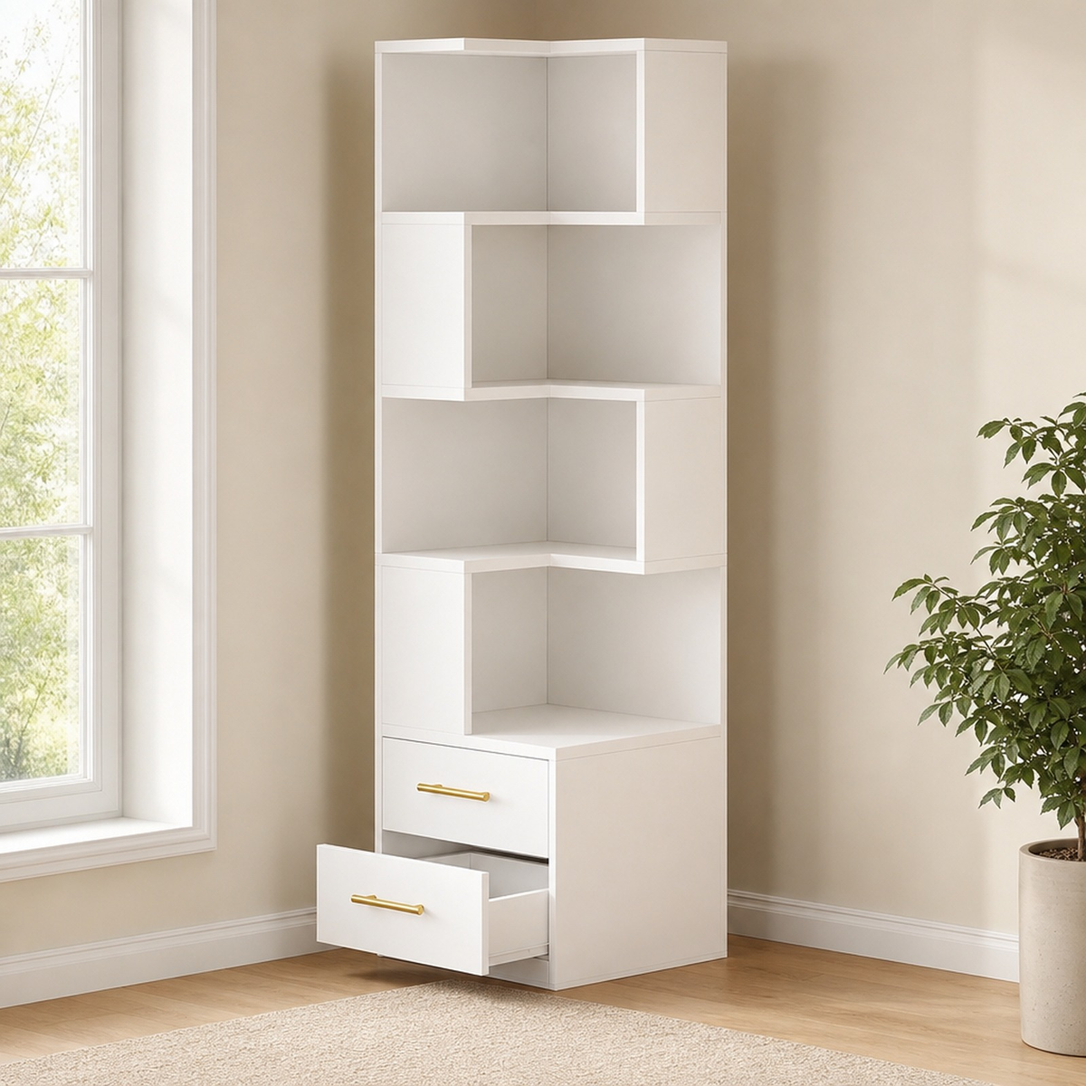 White corner bookcase with open drawers beside a window