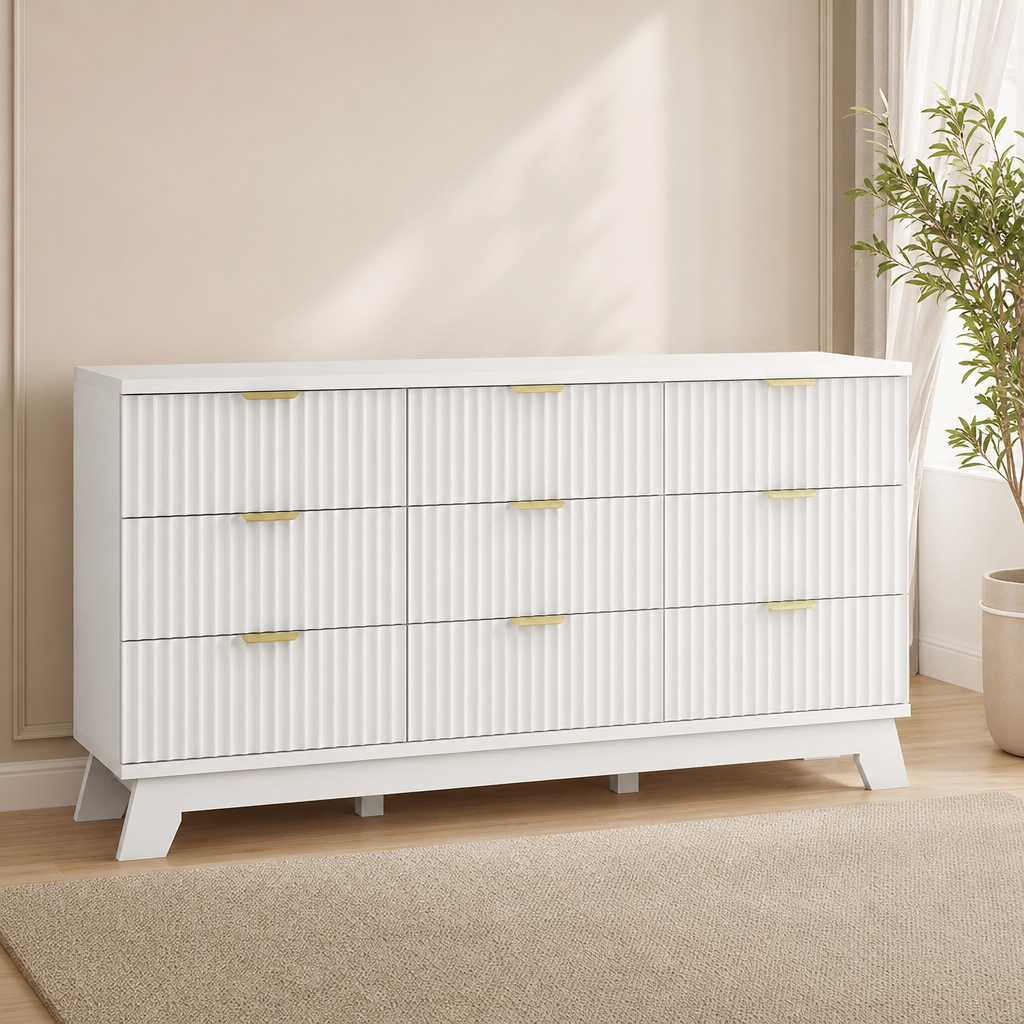 Wave-Fluted Dresser Chest with 3, 6, or 9 Drawers centered in a warm neutral furnished room