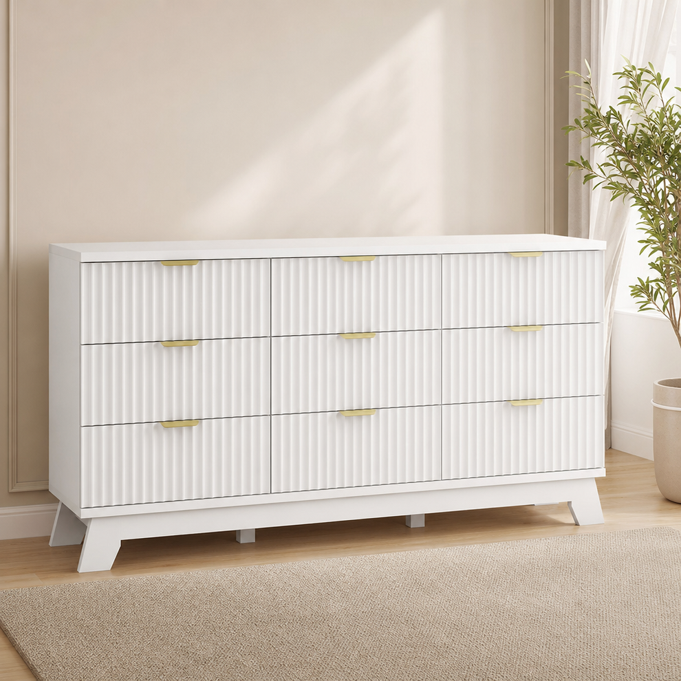 Wave-Fluted Dresser Chest with 3, 6, or 9 Drawers centered in a warm neutral furnished room