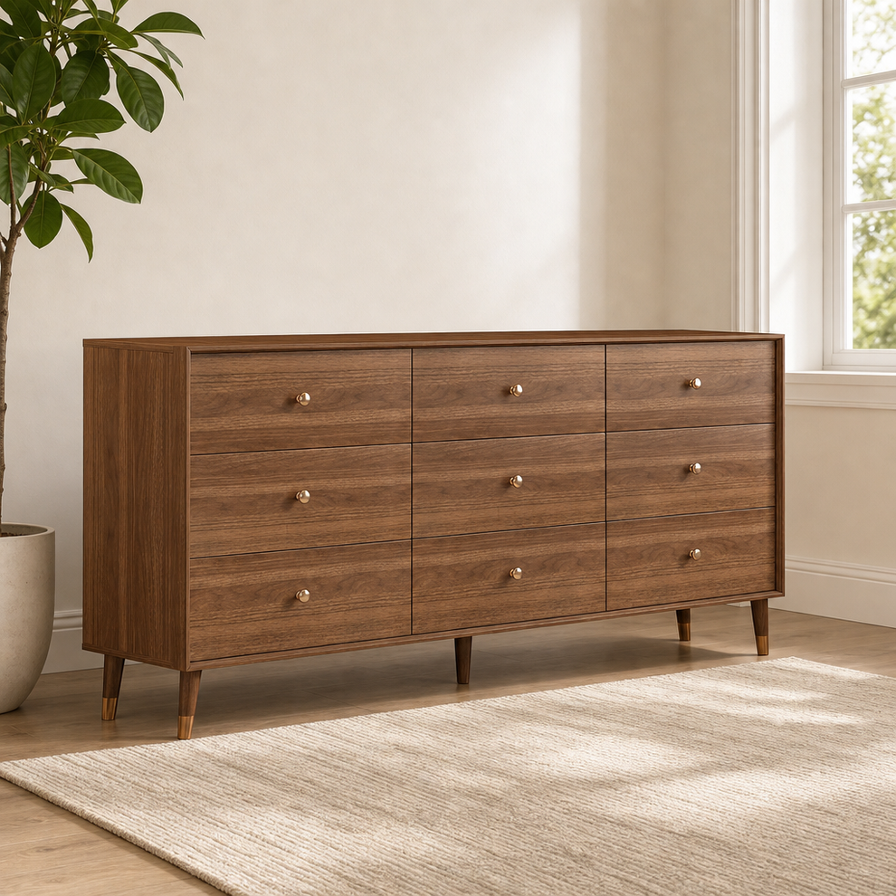 Mid Century Modern Dresser — 6-Drawer & 9-Drawer, Brown Finish centered in a warm neutral furnished room