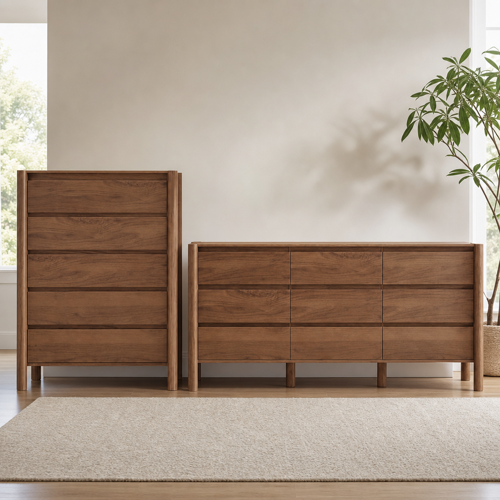 Walnut-finish dresser and five-drawer chest shown side by side in a bright room