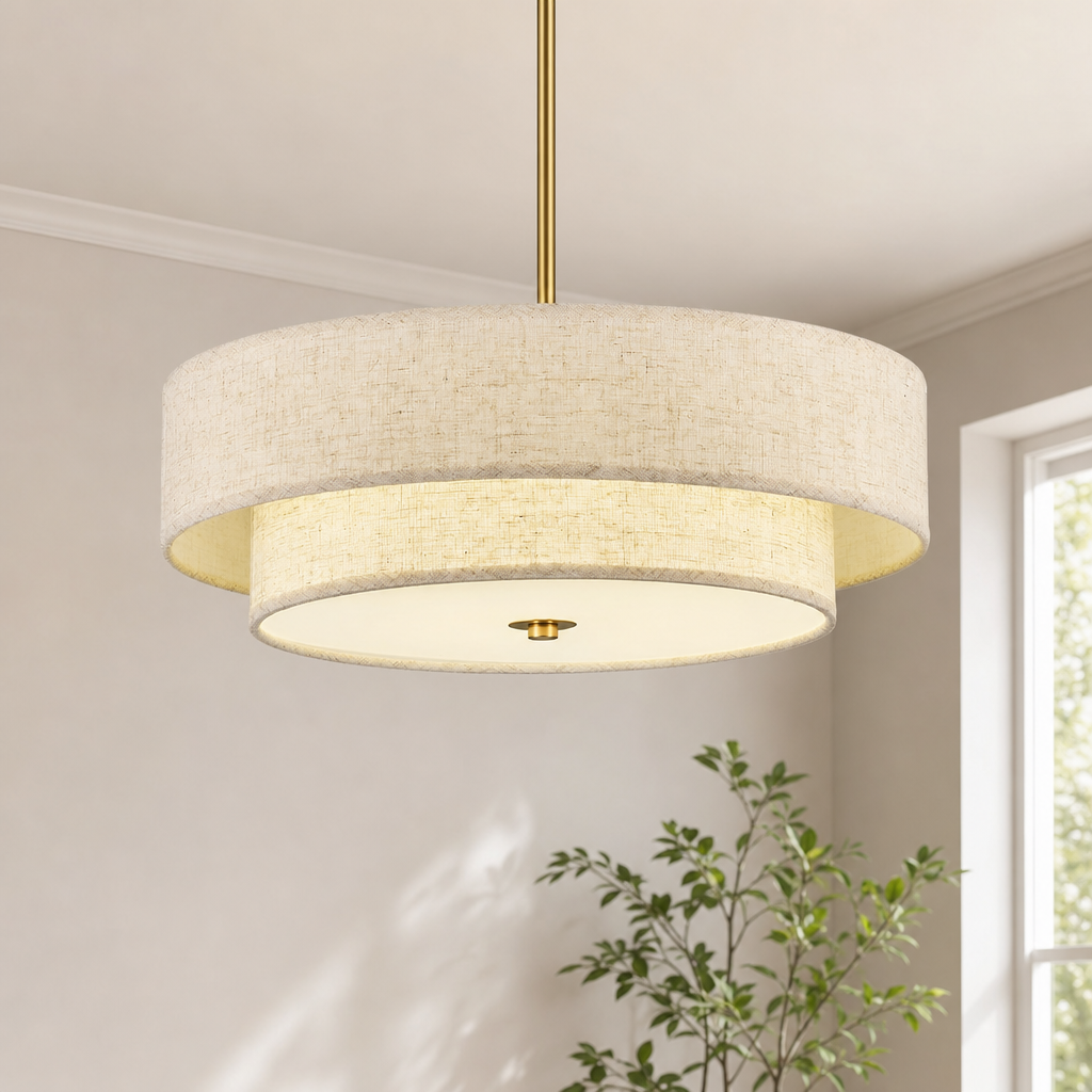 VONLUCE 18" Modern Drum Chandelier, 4-Light 2-Tier Linen Pendant Light centered in a warm neutral furnished room