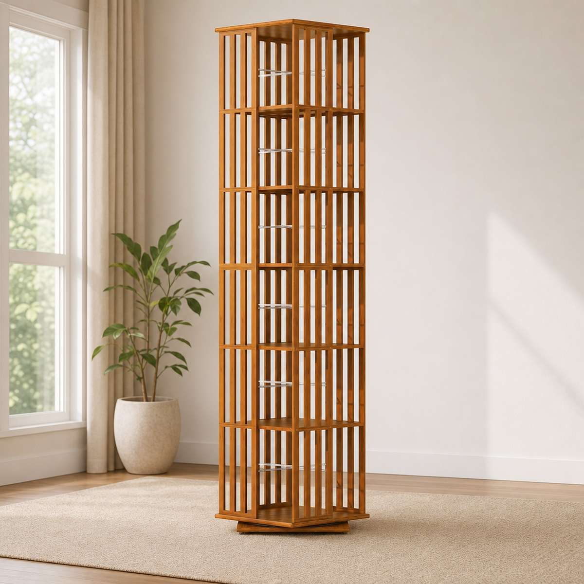 Natural bamboo rotating bookshelf tower, angled front view in a bright living room setting