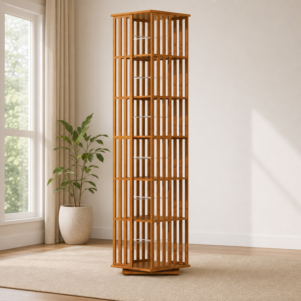 Natural bamboo rotating bookshelf tower, angled front view in a bright living room setting