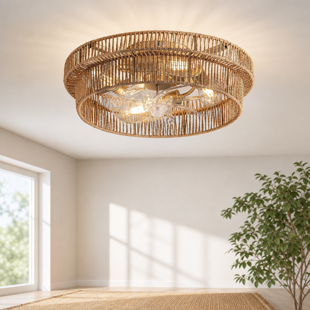 Rattan Boho Ceiling Fan with Light, Flush‑Mount Caged Shade, Remote & Reversible M centered in a warm neutral furnished room