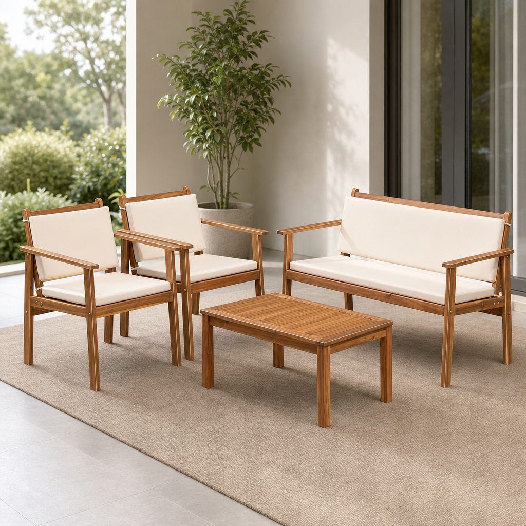 Acacia Wood Patio Conversation Set with Cushions — Visit Furniture centered in a warm neutral furnished room