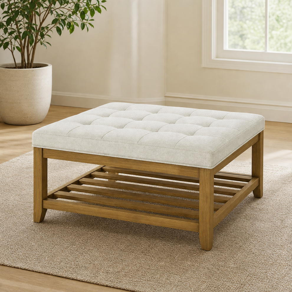Tufted Storage Ottoman Bench with Linen Upholstery, Multiple Sizes & Finishes centered in a warm neutral furnished room