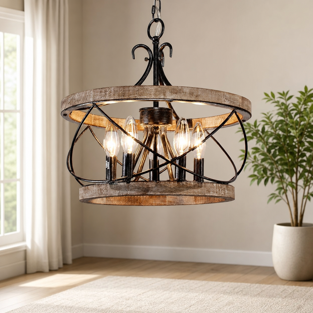 Wood-tone drum farmhouse chandelier with black iron accents hanging in a bright dining area, angled front view
