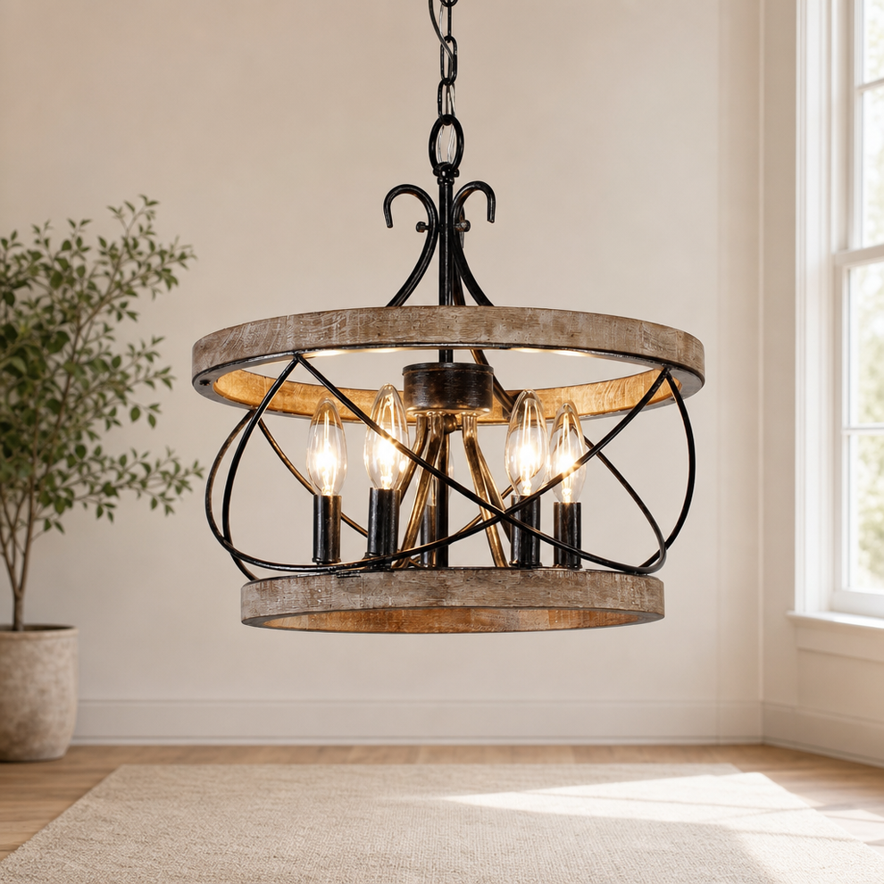 Farmhouse Wood Chandelier Drum Pendant — 5-Light, Multiple Finishes & Sizes centered in a warm neutral furnished room