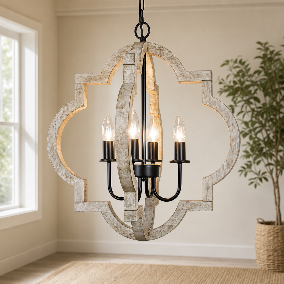Farmhouse Orb Chandelier — Wood & Metal, Multiple Finishes, 4–24 Light Options centered in a warm neutral furnished room