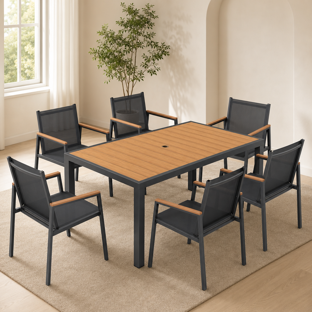 Aluminum Outdoor Dining Set with HDPS Faux‑Wood Tabletop & Textilene Mesh Chairs — centered in a warm neutral furnished room