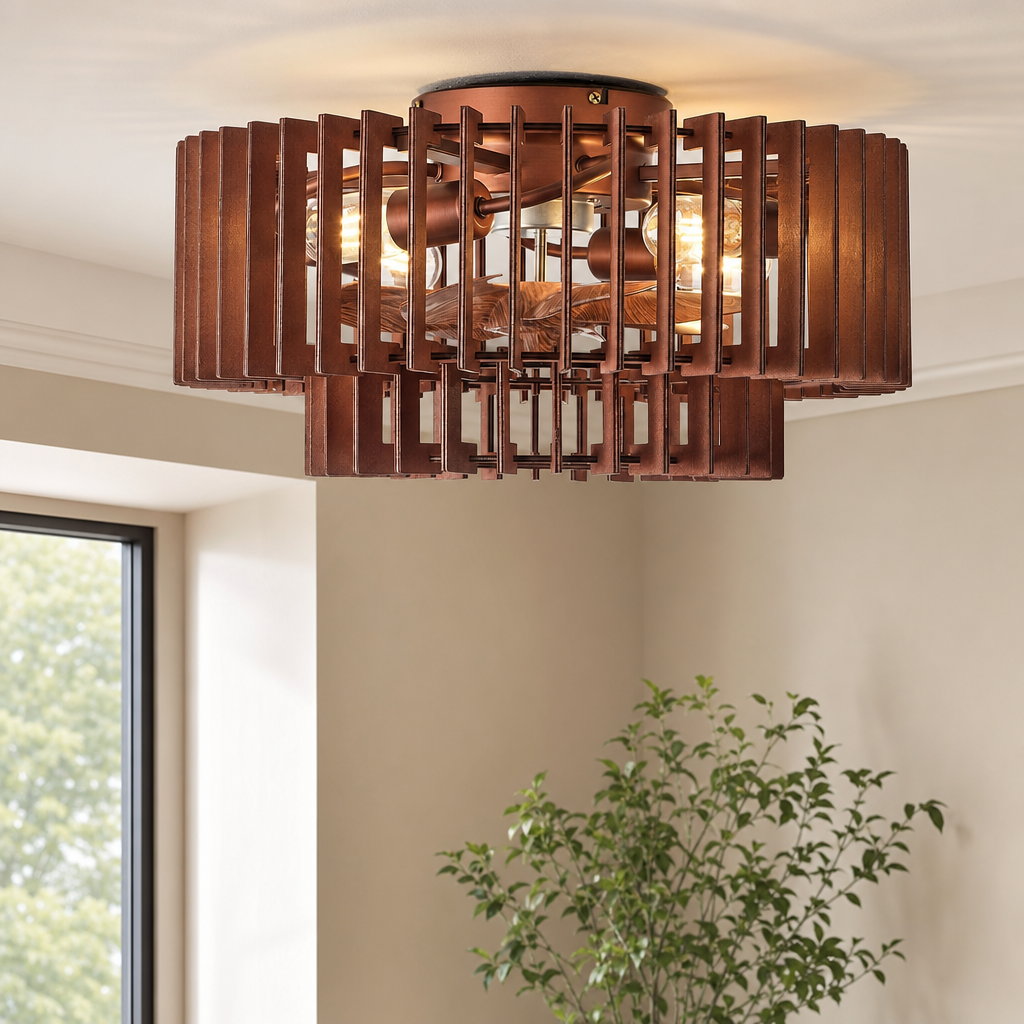 Wood Caged Flush Mount Ceiling Fan with Light — Low Profile, 6-Speed, Remote (Brow centered in a warm neutral furnished room