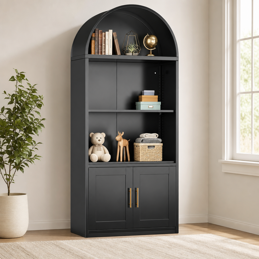 Arched Metal Bookshelf with Double Doors & Locking Casters, Black or White centered in a warm neutral furnished room