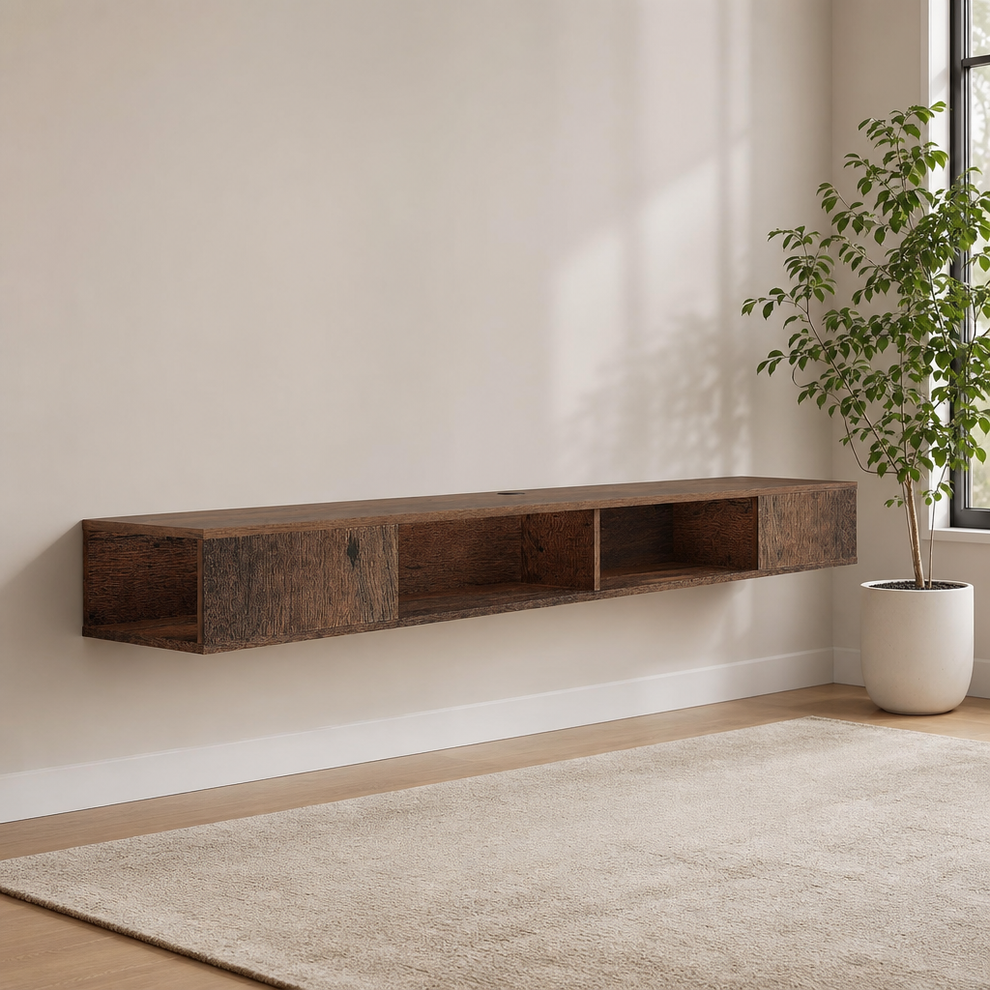 Floating TV Console 70" Wall-Mounted Media Shelf with LED Lights & Cable Managemen centered in a warm neutral furnished room